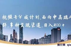 视频号分成计划，面向中高端人群，多种变现渠道，日入200＋